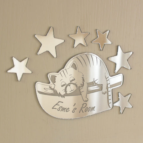 Relaxed Cat Mirror Set Personalised Plaque