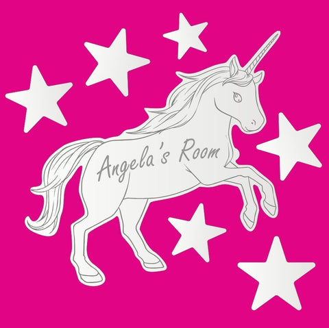 Personalised Leaping Unicorn Mirror Door Name Plaque set