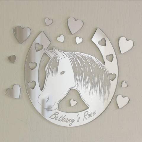 Horse Head Horseshoe Mirror Set Personalised Plaque